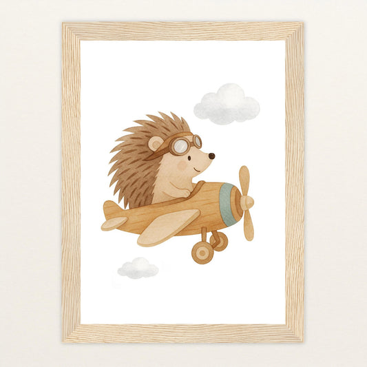 Iggi der Igel - Motiv: "Flugzeug" Poster mit Holzrahmen von tinylearner