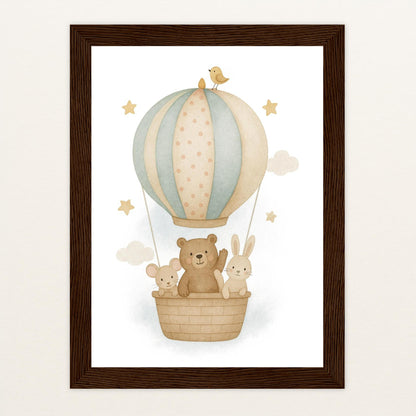 Tierfreunde - Motiv: "Heißluftballon" Poster mit Holzrahmen von tinylearner
