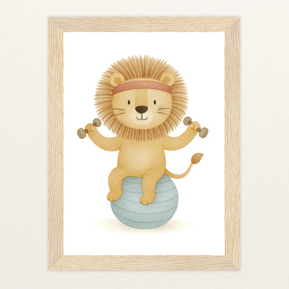 Leo der Löwe - Motiv: "Workout" Poster mit Holzrahmen von tinylearner