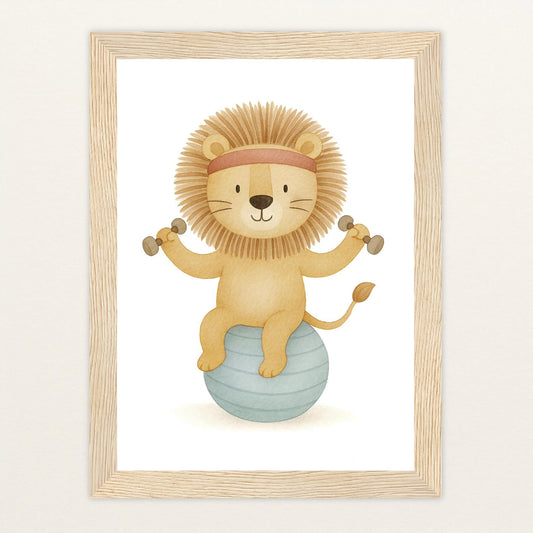 Leo der Löwe - Motiv: "Workout" Poster mit Holzrahmen von tinylearner