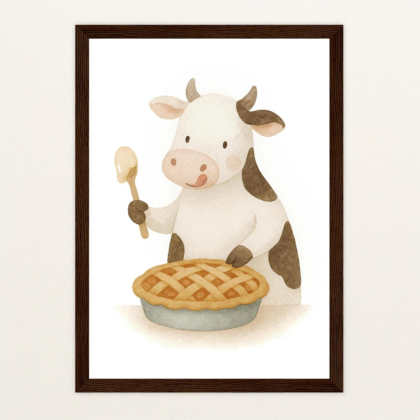 Klara die Kuh - Motiv: "Kuchen" Poster mit Holzrahmen von tinylearner