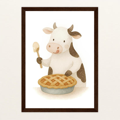 Klara die Kuh - Motiv: "Kuchen" Poster mit Holzrahmen von tinylearner