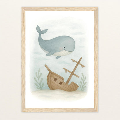 Willi der Wal - Motiv: "Schiffswrack" Poster mit Holzrahmen von tinylearner