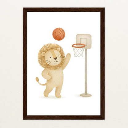 Leo der Löwe - Motiv: "Basketball" Poster mit Holzrahmen von tinylearner
