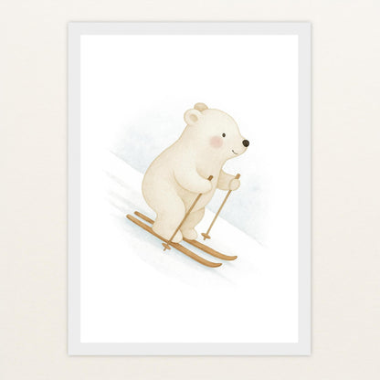 Pummel der Polarbär - Motiv: "Ski" Poster mit Holzrahmen von tinylearner
