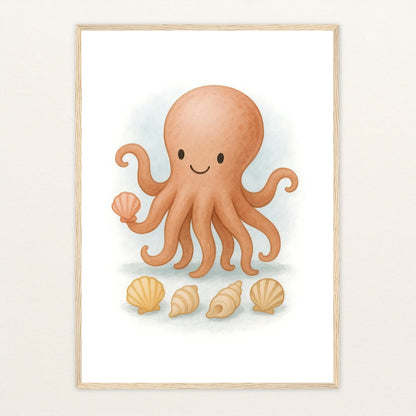 Tilli der Tintenfisch - Motiv: "Muscheln" Poster mit Holzrahmen von tinylearner