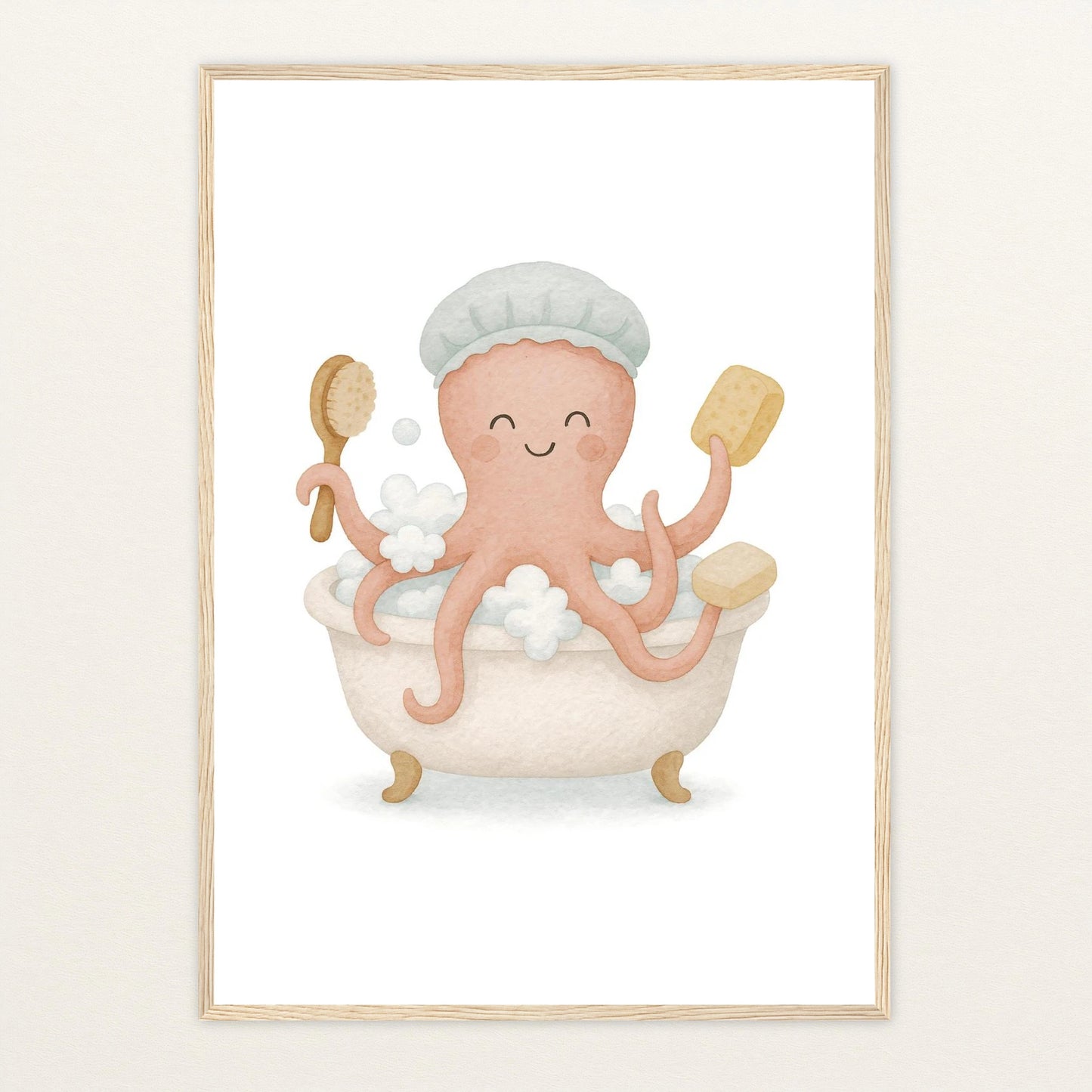 Tilli der Tintenfisch - Motiv: "Baden" Poster mit Holzrahmen von tinylearner