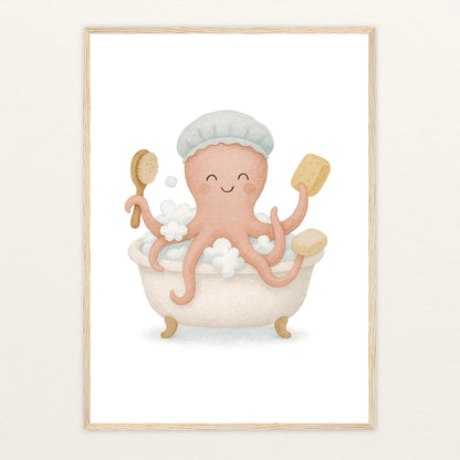 Tilli der Tintenfisch - Motiv: "Baden" Poster mit Holzrahmen von tinylearner
