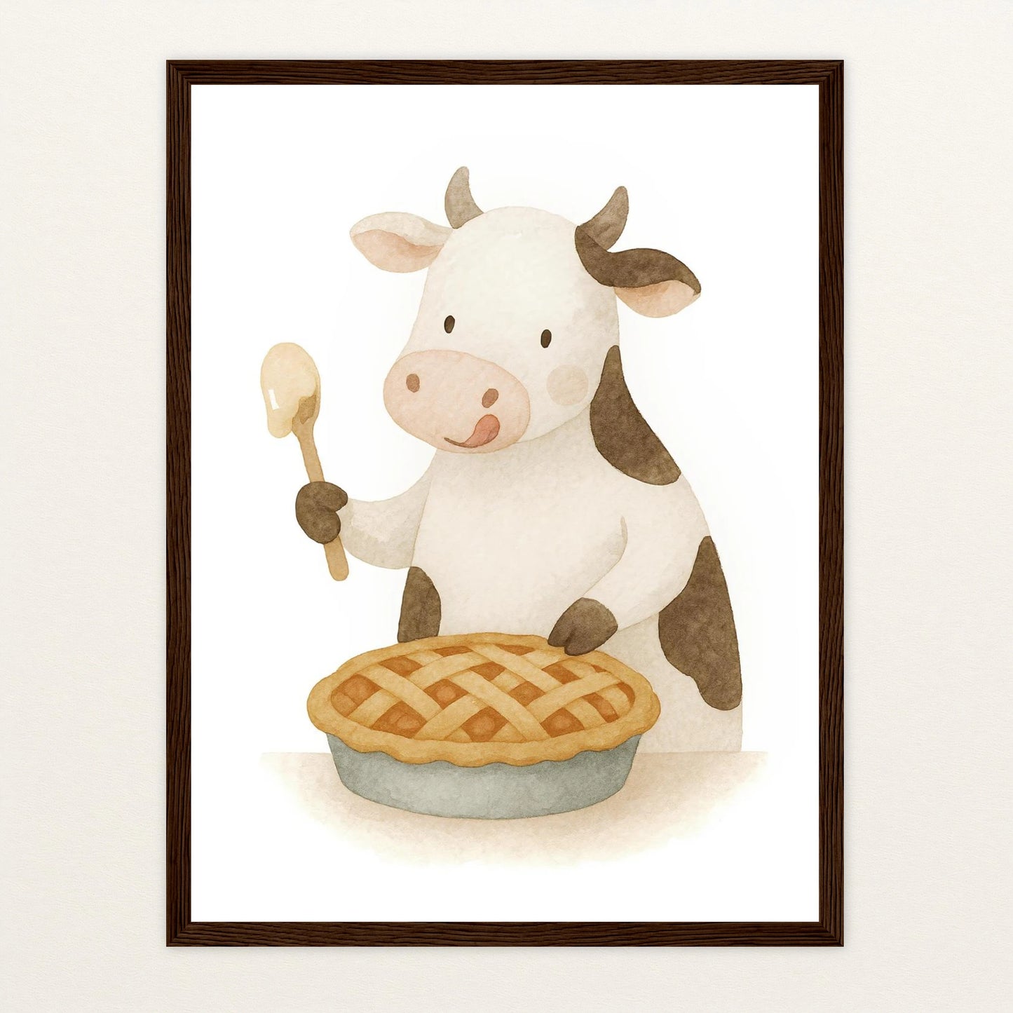 Klara die Kuh - Motiv: "Kuchen" Poster mit Holzrahmen von tinylearner