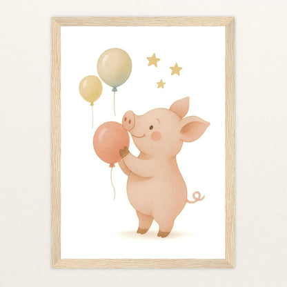 Susi das Schwein - Motiv: "Ballons" Poster mit Holzrahmen von tinylearner