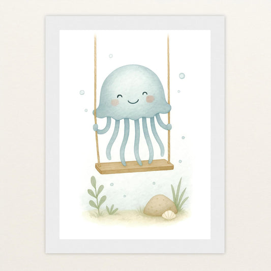 Quinn die Qualle - Motiv: "Schaukel" Poster mit Holzrahmen von tinylearner