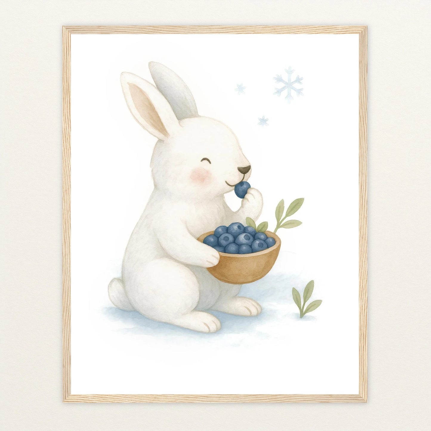 Sina der Schneehase - Motiv: "Blaubeeren" Poster mit Holzrahmen von tinylearner