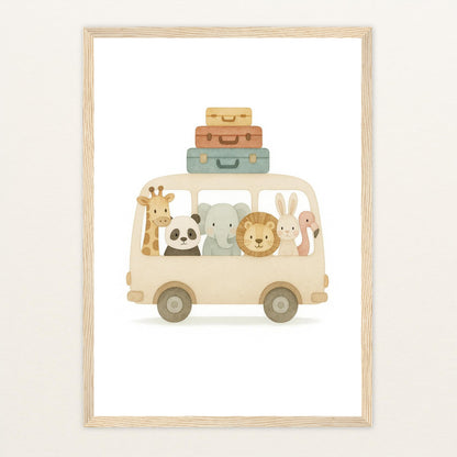 Tierfreunde - Motiv: "Reisebus" Poster mit Holzrahmen von tinylearner