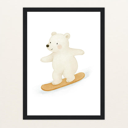 Pummel der Polarbär - Motiv: "Snowboard" Poster mit Holzrahmen von tinylearner