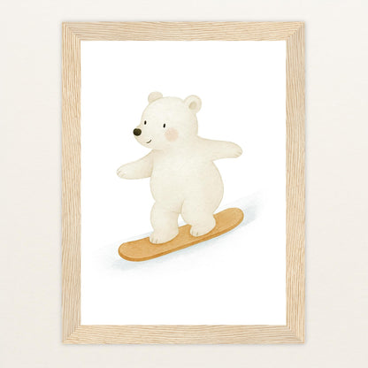 Pummel der Polarbär - Motiv: "Snowboard" Poster mit Holzrahmen von tinylearner