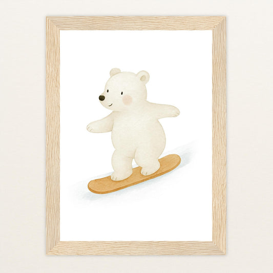 Pummel der Polarbär - Motiv: "Snowboard" Poster mit Holzrahmen von tinylearner