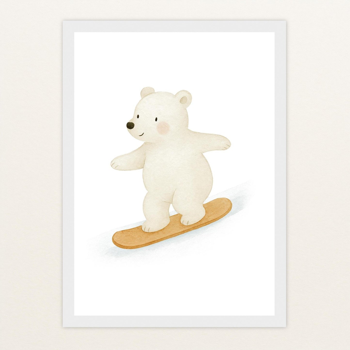 Pummel der Polarbär - Motiv: "Snowboard" Poster mit Holzrahmen von tinylearner