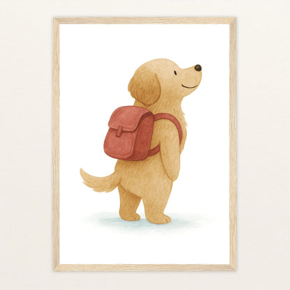Hugo der Hund - Motiv: "Rucksack" Poster mit Holzrahmen von tinylearner