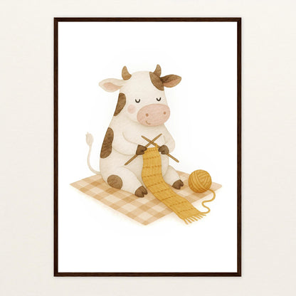 Klara die Kuh - Motiv: "Häkeln" Poster mit Holzrahmen von tinylearner
