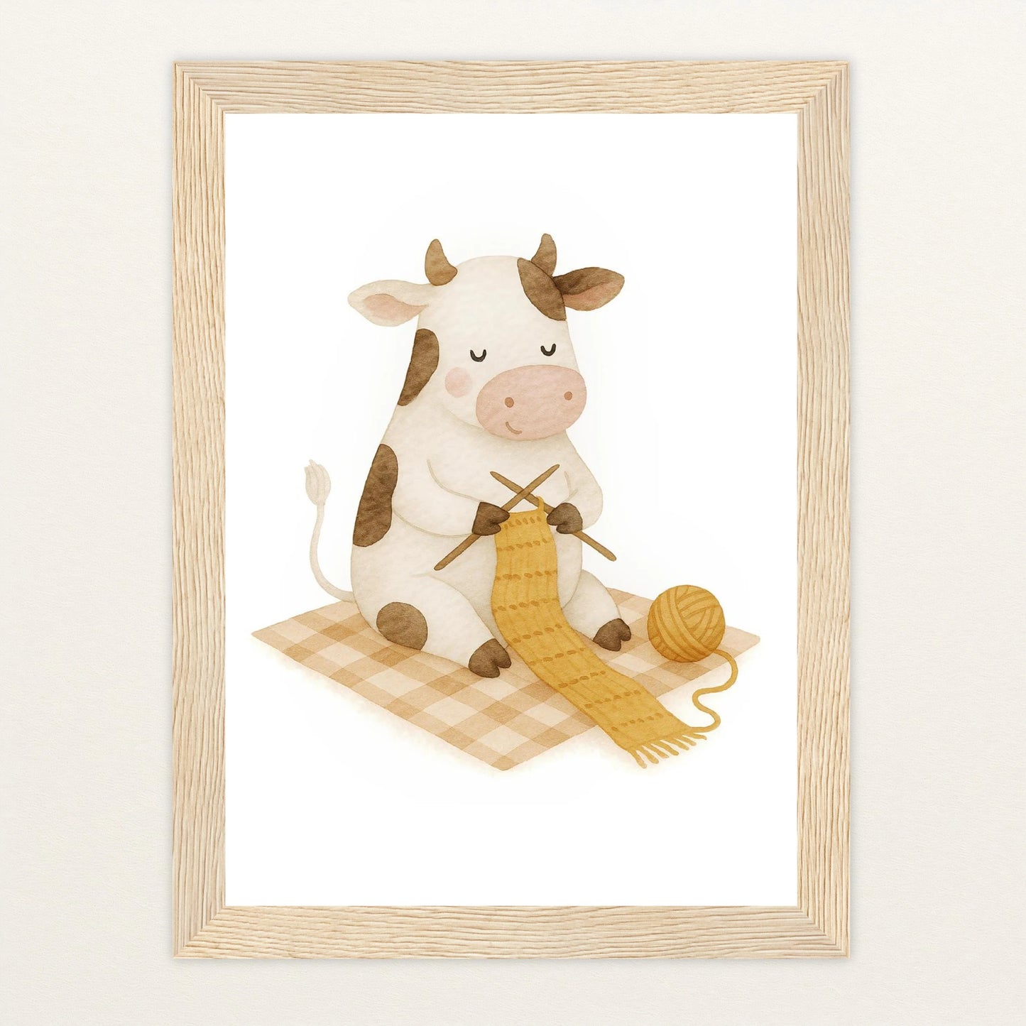 Klara die Kuh - Motiv: "Häkeln" Poster mit Holzrahmen von tinylearner