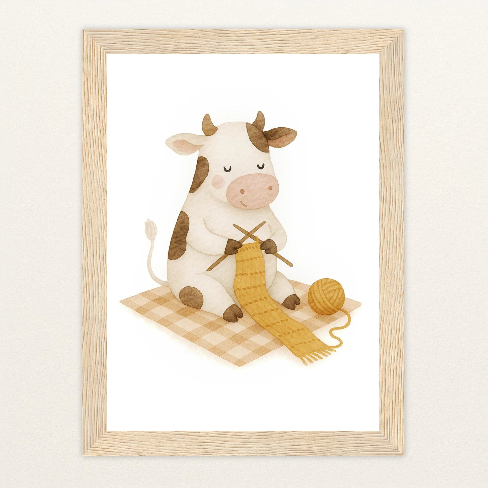 Klara die Kuh - Motiv: "Häkeln" Poster mit Holzrahmen von tinylearner