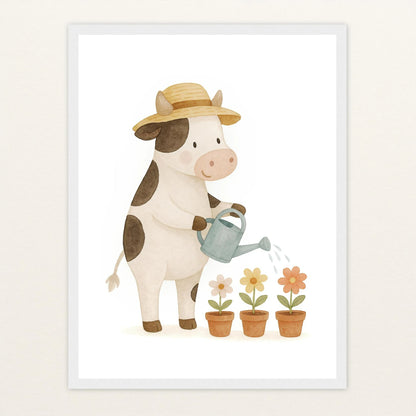 Klara die Kuh - Motiv: "Blumengießen" Poster mit Holzrahmen von tinylearner