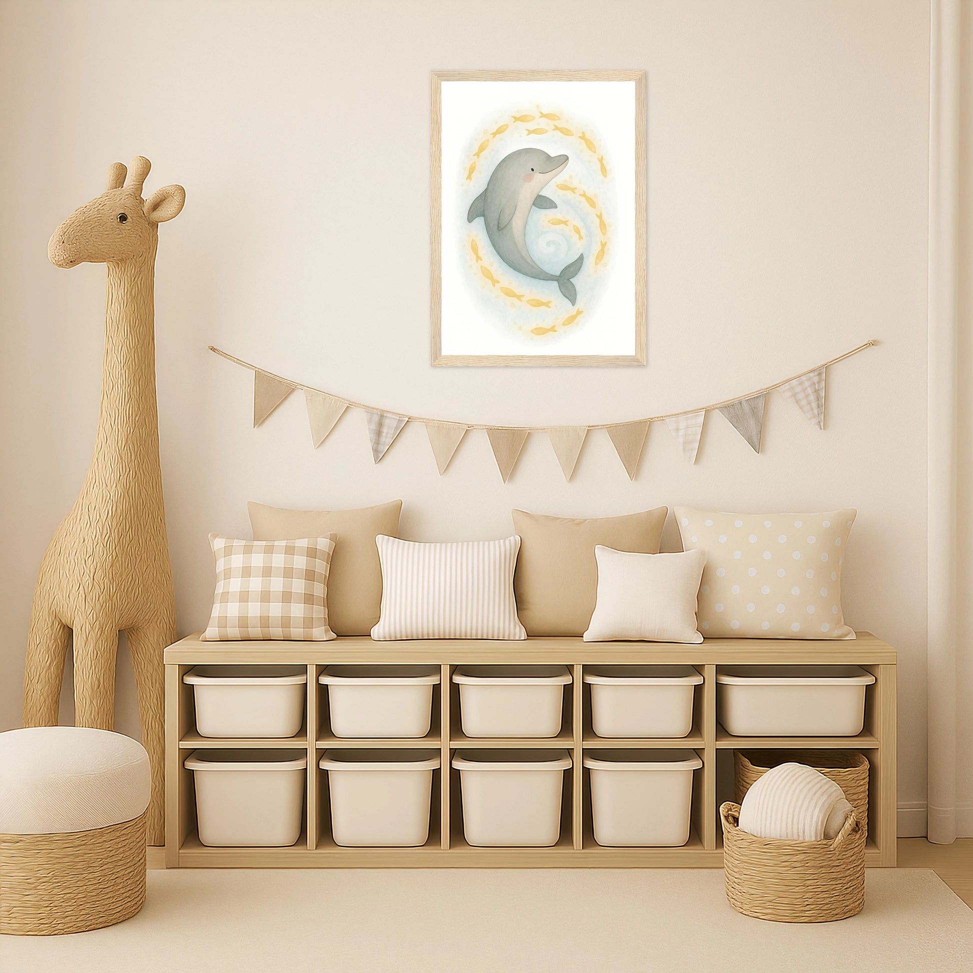 Dora der Delfin - Motiv: "Leuchtfische" Poster mit Holzrahmen von tinylearner
