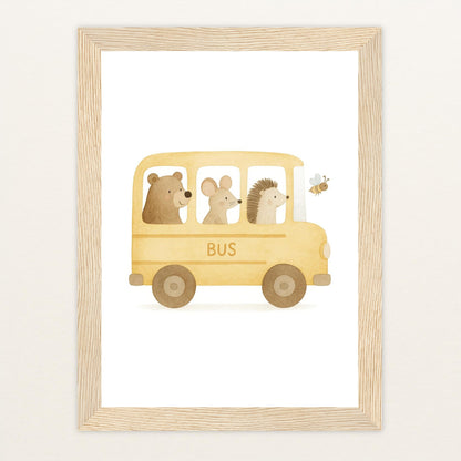 Tierfreunde - Motiv: "Schulbus" Poster mit Holzrahmen von tinylearner