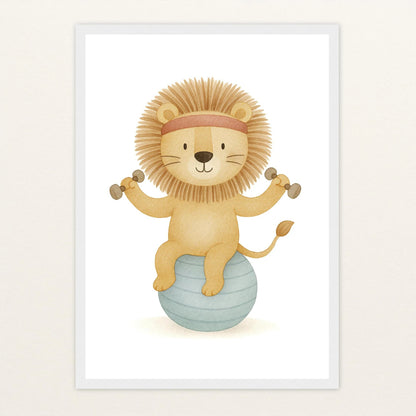 Leo der Löwe - Motiv: "Workout" Poster mit Holzrahmen von tinylearner