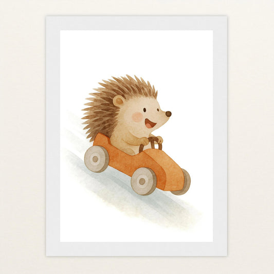 Iggi der Igel - Motiv: "Rennwagen" Poster mit Holzrahmen von tinylearner