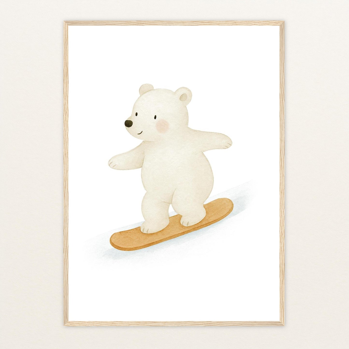 Pummel der Polarbär - Motiv: "Snowboard" Poster mit Holzrahmen von tinylearner