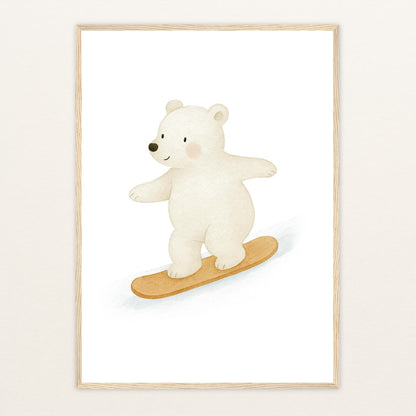 Pummel der Polarbär - Motiv: "Snowboard" Poster mit Holzrahmen von tinylearner