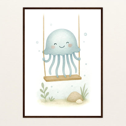 Quinn die Qualle - Motiv: "Schaukel" Poster mit Holzrahmen von tinylearner