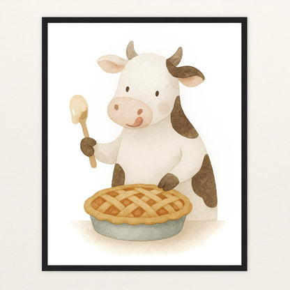 Klara die Kuh - Motiv: "Kuchen" Poster mit Holzrahmen von tinylearner