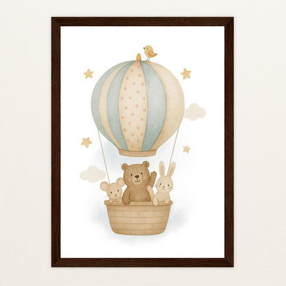 Tierfreunde - Motiv: "Heißluftballon" Poster mit Holzrahmen von tinylearner