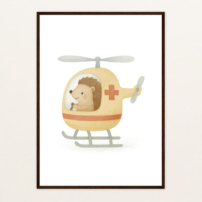 Iggi der Igel - Motiv: "Rettungshubschrauber" Poster mit Holzrahmen von tinylearner
