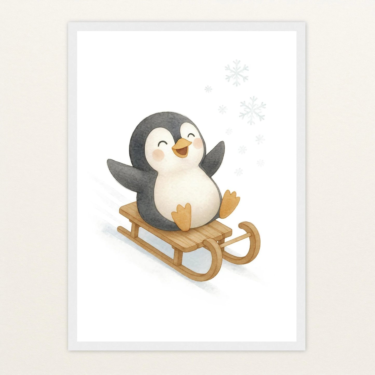 Pia der Pinguin - Motiv: "Schlitten" Poster mit Holzrahmen von tinylearner