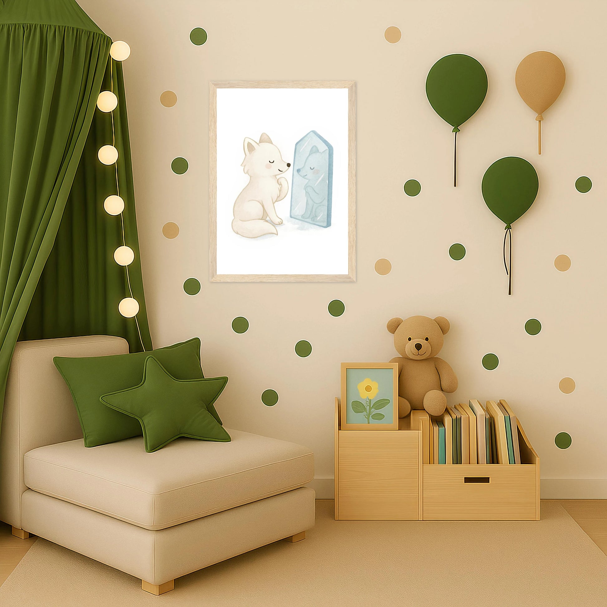 Pino der Polarfuchs - Motiv: "Spiegel" Poster mit Holzrahmen von tinylearner