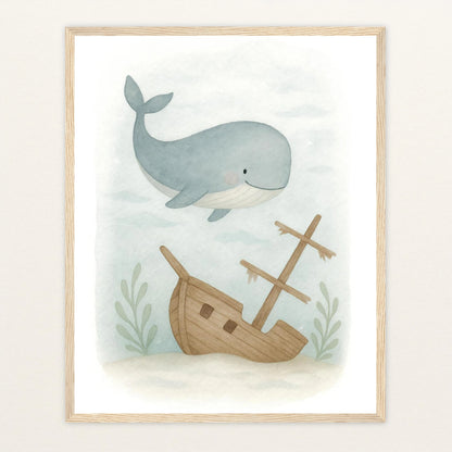 Willi der Wal - Motiv: "Schiffswrack" Poster mit Holzrahmen von tinylearner