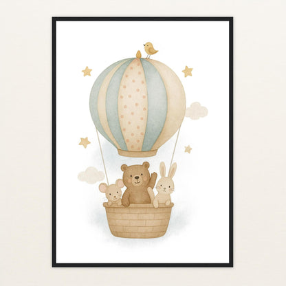 Tierfreunde - Motiv: "Heißluftballon" Poster mit Holzrahmen von tinylearner