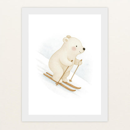 Pummel der Polarbär - Motiv: "Ski" Poster mit Holzrahmen von tinylearner