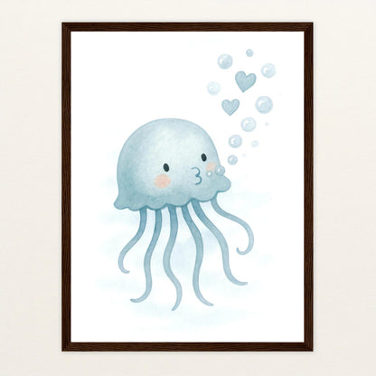 Quinn die Qualle - Motiv: "Luftblasen" Poster mit Holzrahmen von tinylearner