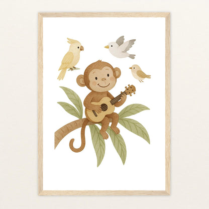 Aki der Affe - Motiv: "Ukulele" Poster mit Holzrahmen von tinylearner