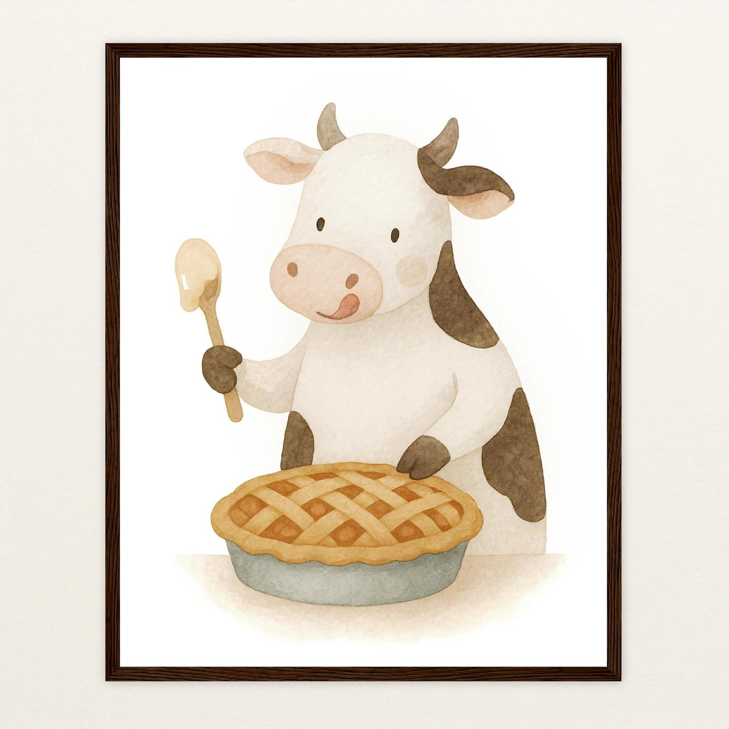 Klara die Kuh - Motiv: "Kuchen" Poster mit Holzrahmen von tinylearner