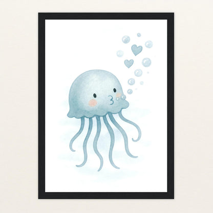 Quinn die Qualle - Motiv: "Luftblasen" Poster mit Holzrahmen von tinylearner