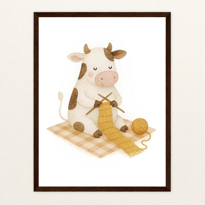Klara die Kuh - Motiv: "Häkeln" Poster mit Holzrahmen von tinylearner