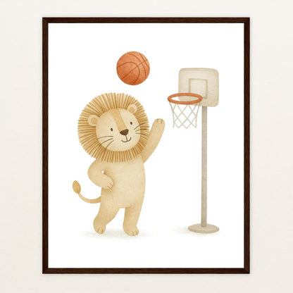 Leo der Löwe - Motiv: "Basketball" Poster mit Holzrahmen von tinylearner