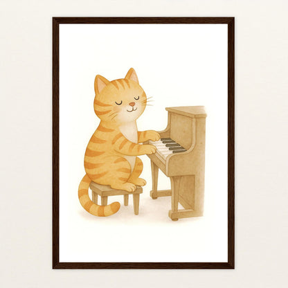 Kira die Katze - Motiv: "Klavier" Poster mit Holzrahmen von tinylearner