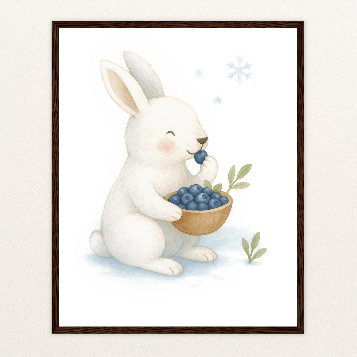 Sina der Schneehase - Motiv: "Blaubeeren" Poster mit Holzrahmen von tinylearner