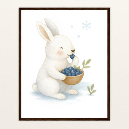 Sina der Schneehase - Motiv: "Blaubeeren" Poster mit Holzrahmen von tinylearner